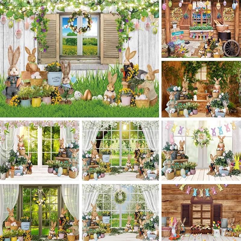 

Window Easter Decorations 2024 Backdrop Spring Flowers Garden Farm Rabbits Bunny Party Photography Background Wall Photo Banner