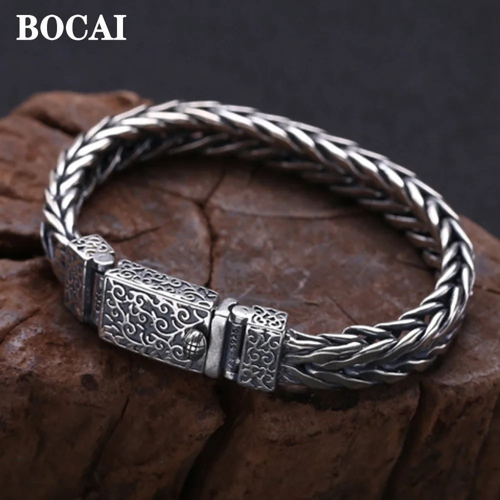 BOCAI New Real s925 Silver Jewelry Woven Rattan Flower Men's Bracelet Stylish Latch Buckle Advanced Gifts Free Shipping