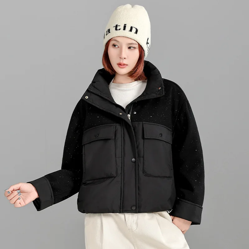 أنيقة الترتر الوقوف طوق سترات قصيرة المرأة شعبية المرقعة جيب كبير الشتاء سترة رشاقته الدافئة سستة معطف مبطّن بالقطن