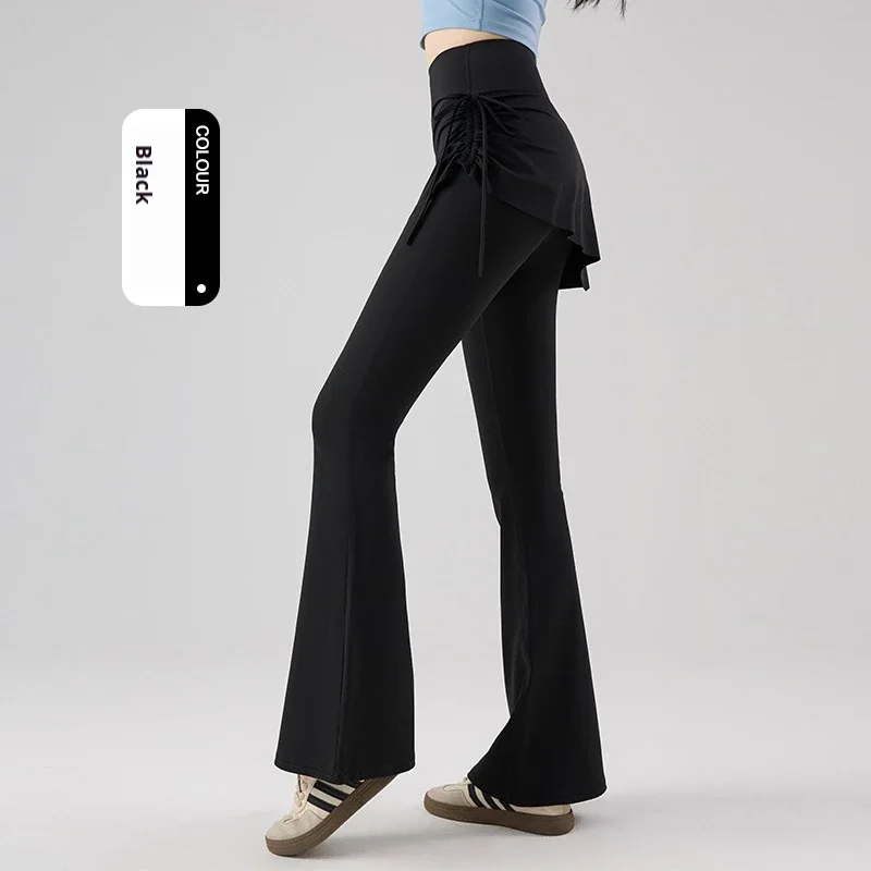 Women Drawstring Yoga Pants High Waisted Butt Lifting Flared Fake Two Piece Skirt Leggings Anti Exposure Pilates Fitness M431