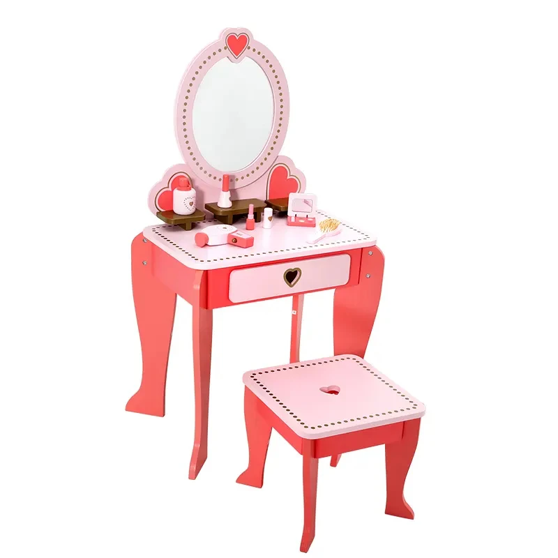 New White Color Girls Pink Wooden Dressing Table With Mirror And Stool Rich Gadgets Children Dresser Furniture Toys