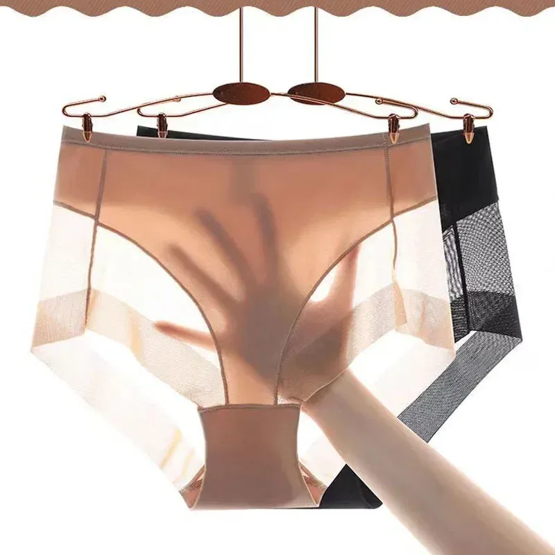 2Pcs Ice Silk Women Panties Transparent Underwear Mesh Corset Waist Slimming Black Briefs Female Trainer Shaping Underpants view 2