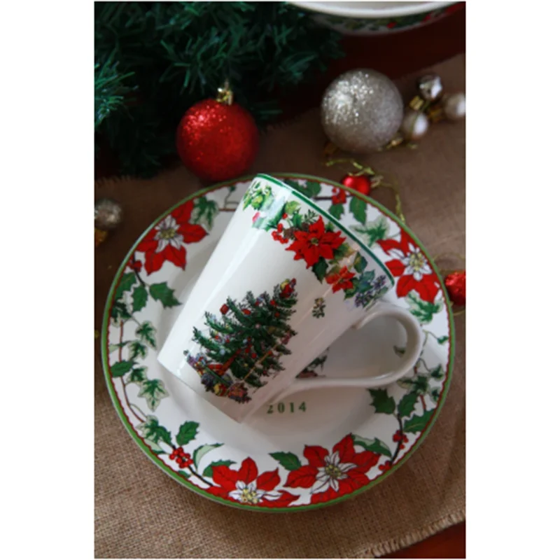 Rabbit Meijia Exported to Britain Century-Old Ceramic REDLEAF Christmas Tree Series Tray Mug