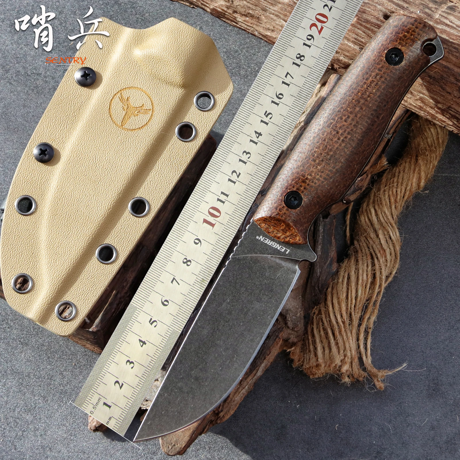 LENGREN SENTRY سكين تكتيكي ثابت خفيف الوزن 8.5 بوصة DC53 فولاذ كامل تانغ، غمد K، مقبض كتان بني للبقاء EDC #2