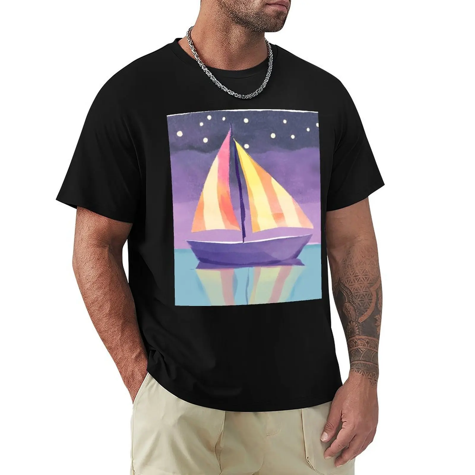 Camiseta con estampado de velero a rayas en el mar abierto bajo las estrellas, camiseta de manga corta para trabajo al aire libre