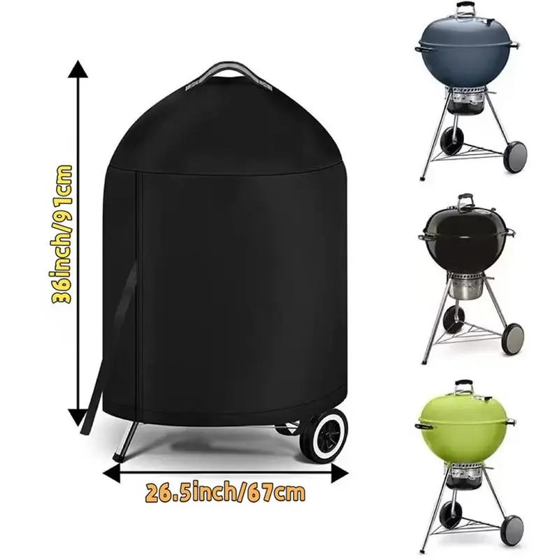 Black Round Outdoor Grill Cover with Top Handle Waterproof Heavy-Duty 210D Protection for Fire Pit Stove BBQ Electric view 3