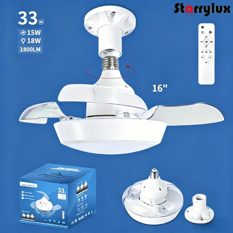 16 inch E27 Screw Ceiling Fan Light Remote Control 3-Color Dimming Silent Invisible Fan Lamp for Bedroom Dining Room,95-265V