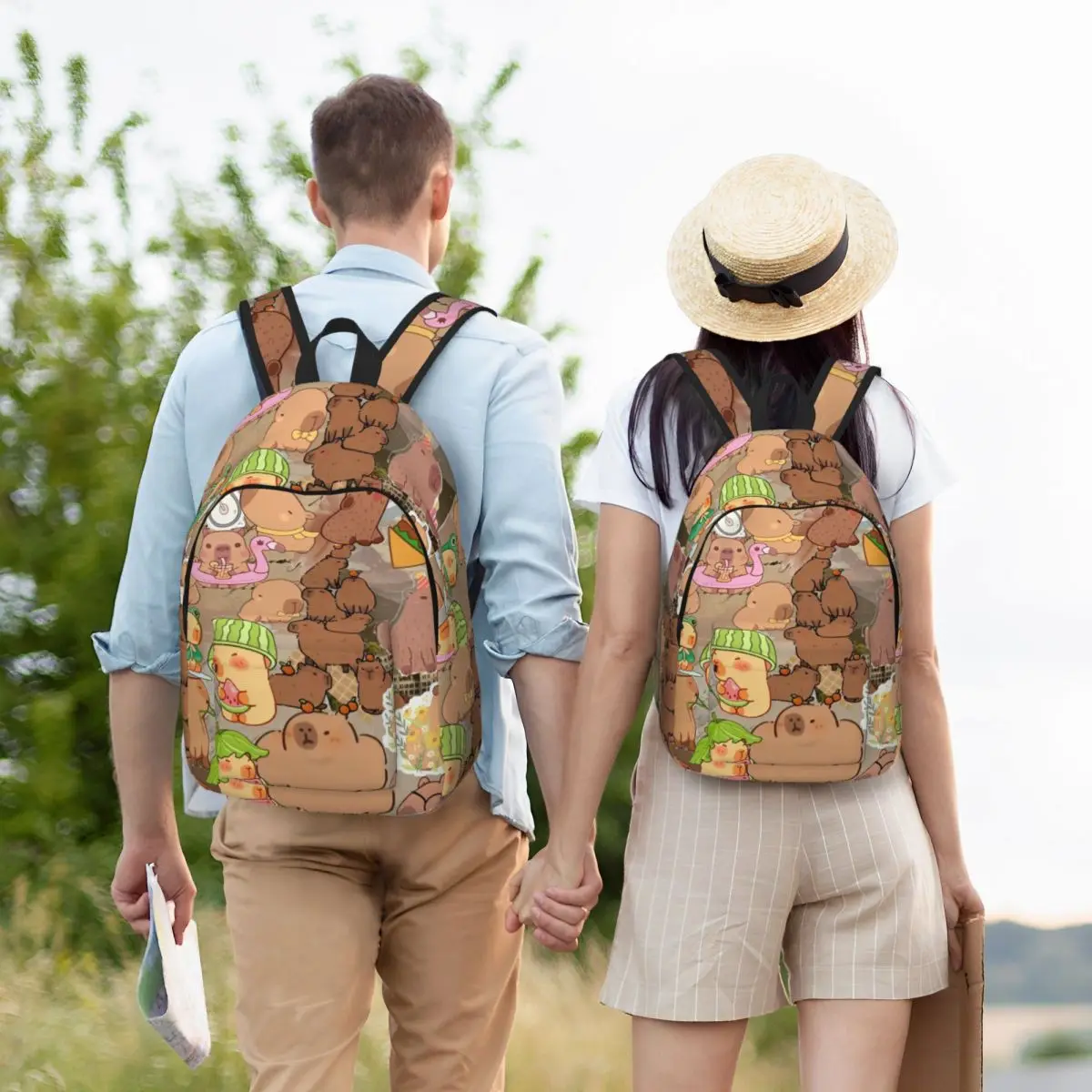 Foodie capivara bonito mochila primária do ensino médio estudante bookbag adolescentes lona daypack caminhadas