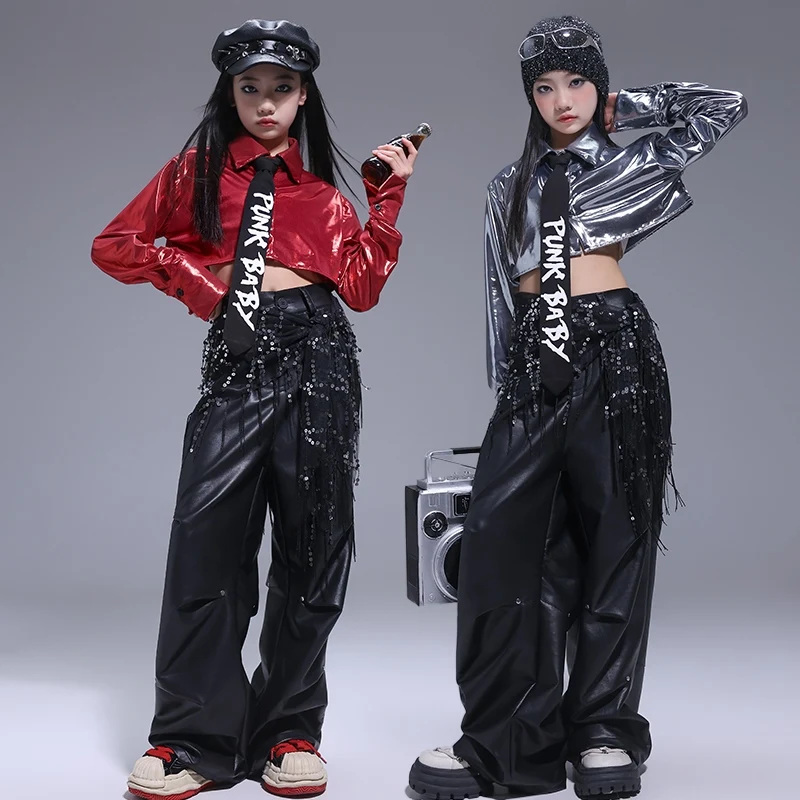 Jazzdans Kinderen Stadium Slijtage Zilver Shirt Zwart Shuffle Broek Meisje Kpop Kostuum Hip Hop Mode Kleding Straat Dancewear 1685
