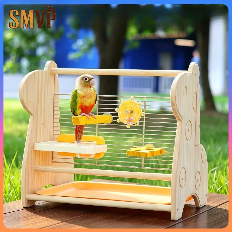 Wooden Parrot Playstand Tabletop Bird Perch Stand Interactive Playground with Feeding Tray Bird Chew Toy for Small Pet Birds