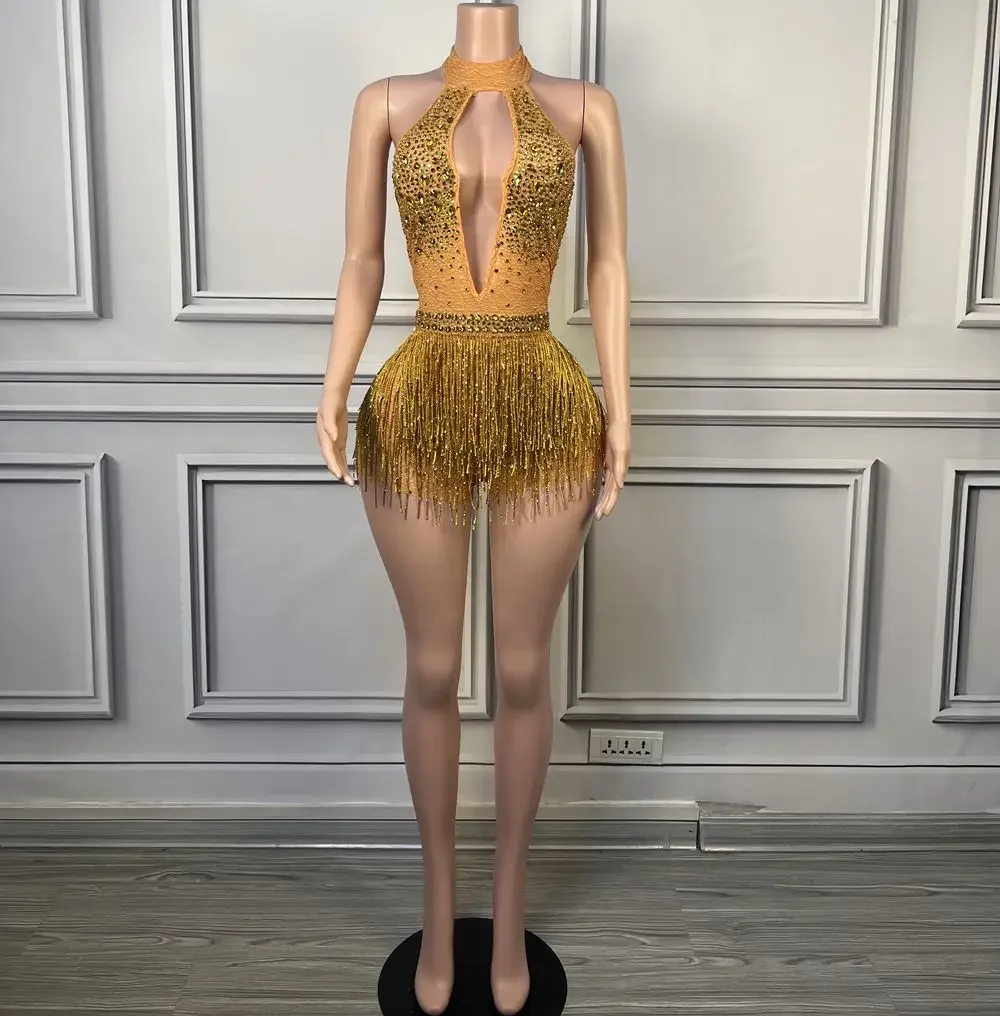 Mulheres brilhantes strass borla bodysuit, sexy profundo decote em V, desempenho sem encosto, fantasia de dança, boate, cantor, bailarino, desgaste do palco