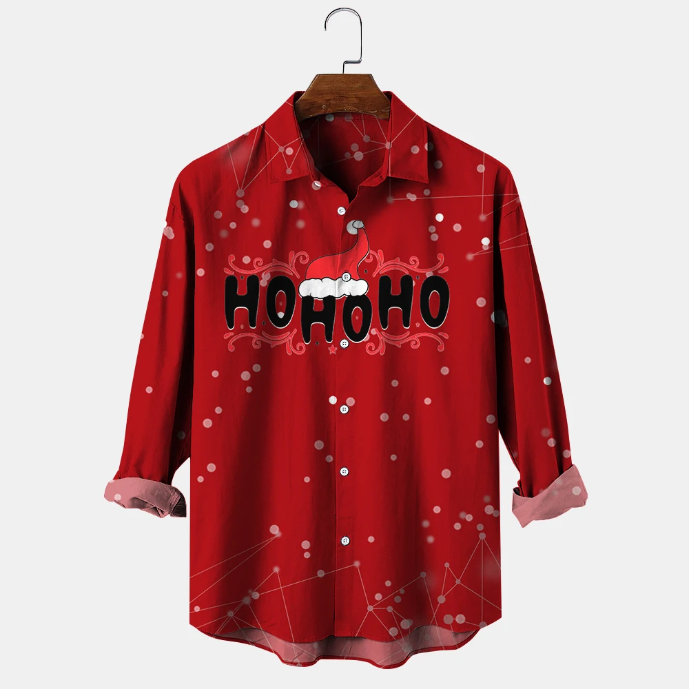 Camisas masculinas com estampa carta de Natal, manga longa, tops de lapela, casual, single-breasted, streetwear, tendência