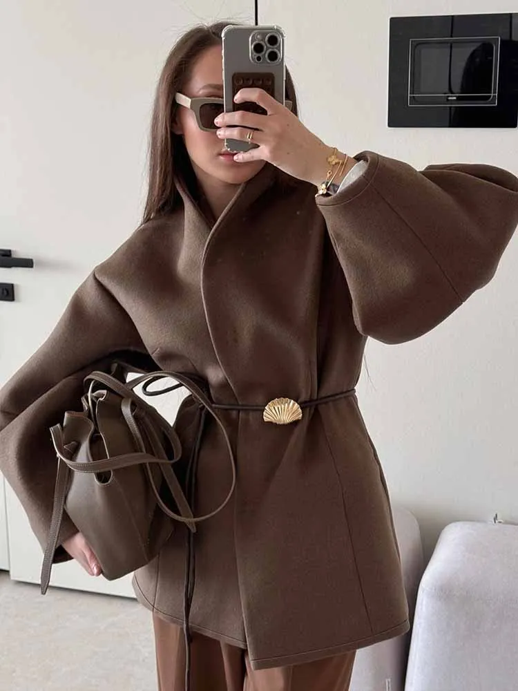 

Vintage Brown Lace Up Jackets Women Autumn Winter Warm Loose Stand Collar Woolen Coat Fashion Commuting Lady Street Outwear 2025