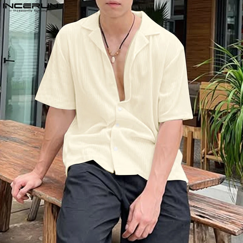 

2025 Men Shirt Solid Color Knitted Lapel Half Sleeve Men Clothing Streetwear Oversize Fashion Casual Korean Shirts S-5XL INCERUN