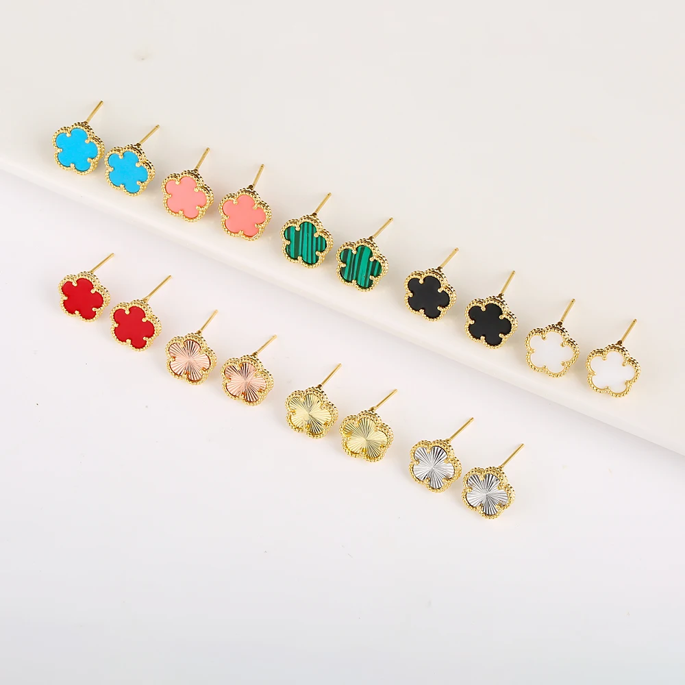 9-Color Hot Selling Natural Stone Plant Five Leaf Flower Petal Earrings For Women 18K Gold Plated High Quality Clover