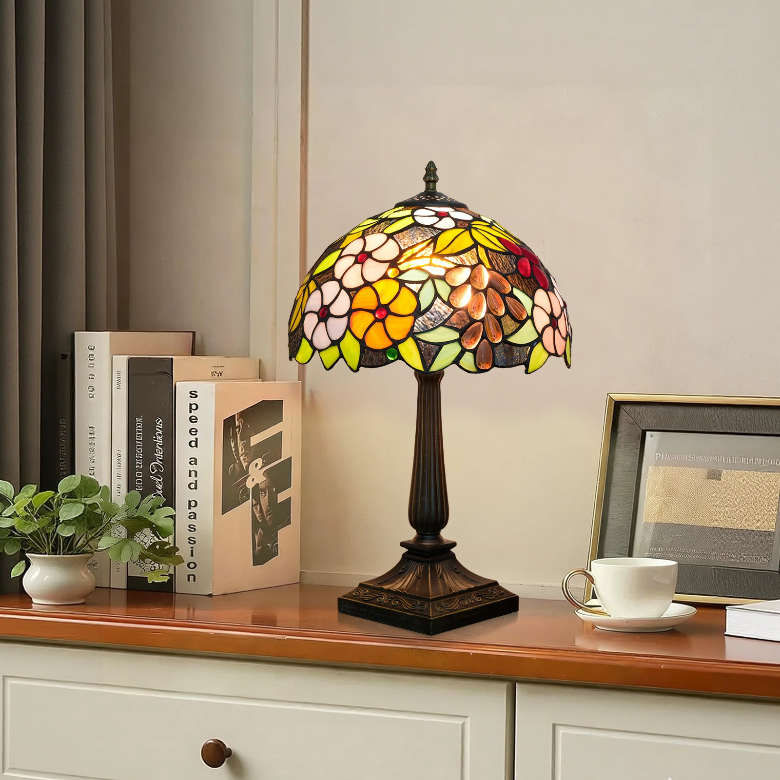 Tiffany Handmade Grape Stained Glass Table Lamps Bedside Nightstand Lamp for Bedroom, Living Room, Home Office Desk Lamp