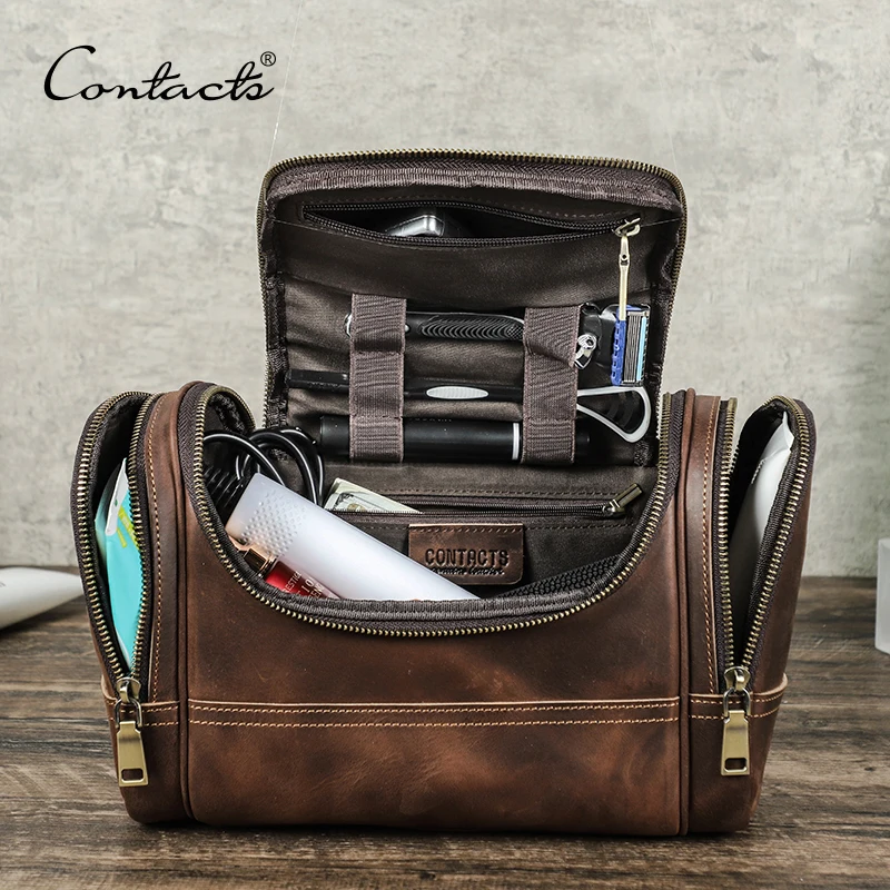 CONTACT\'S Genuine Leather Cosmetic Bag for Men Travel Toiletries Bags Designer Top-handle Makup Wash Bag Organizer Capacity