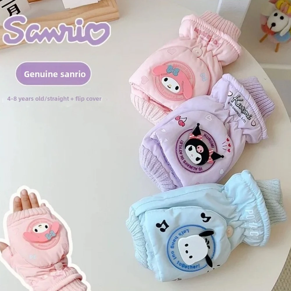 

Детские перчатки Sanrio на флисовой подкладке Kuromi, зимние водонепроницаемые перчатки для девочек, теплые перчатки с откидной крышкой и рисунком, подарки для детей