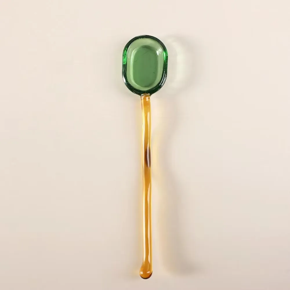 Transparent Glass Dessert Spoon Long Handle High Temperature Resistant Coffee Stirring Spoon Kitchen Supplies Contrasting Color