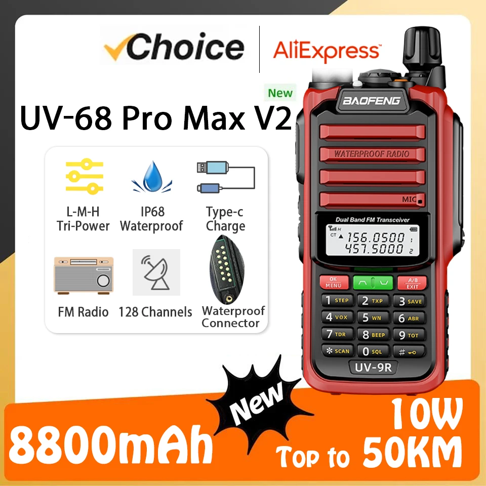 UV-68 Pro Max V2 Baofeng Walkie Talkie 8800mah batteria Type-C Dual Band 128 canali UV-S22 UV-98 Pro FM CB Radio aggiornamento di UV 9R