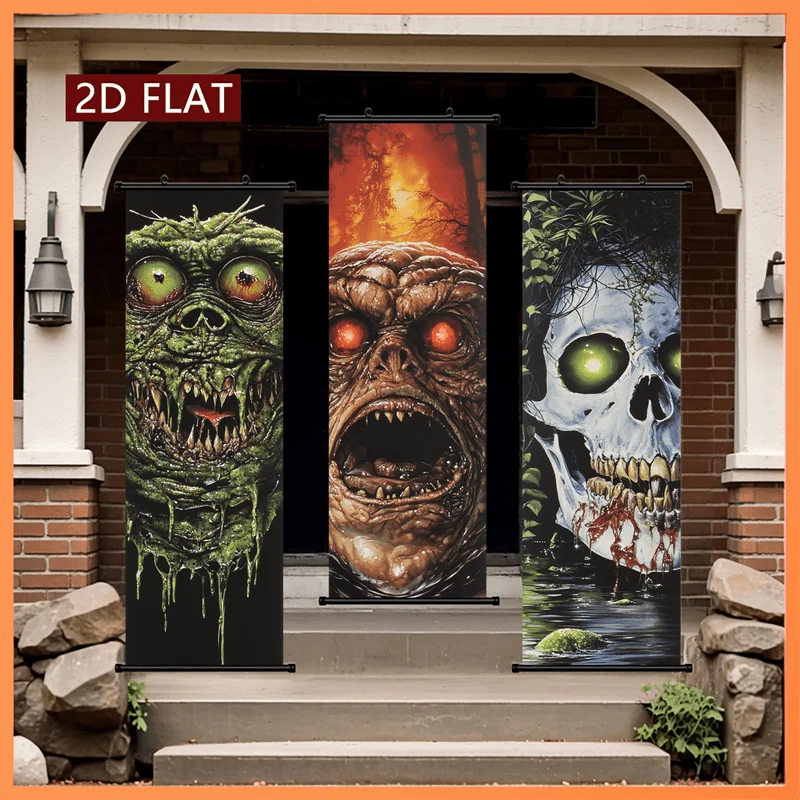 VIKAMA Halloween Horror Monster Scroll Tapestry Spooky Gothic Vertical Wall Hanging Halloween Party Home Decor Backdrop