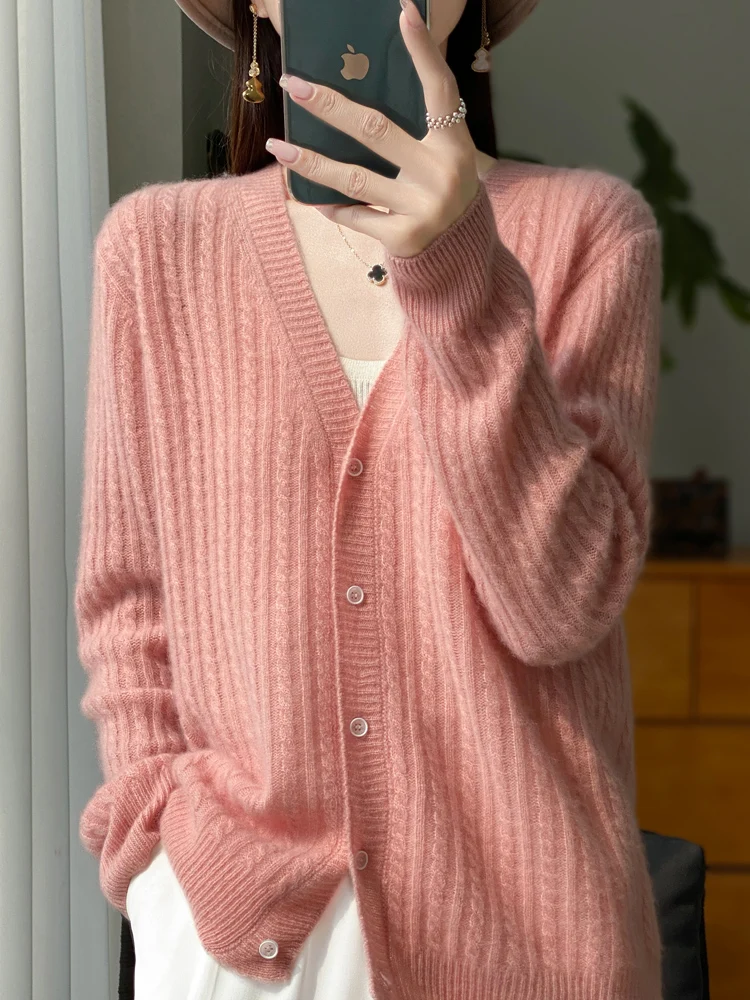 

2024 Autumn Winter Women Pure Merino Wool Sweater Hollow Out V-Neck Knitted Cardigan Casual Twisted Cashmere Clothing Tops