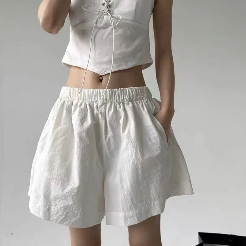 

Женские черные широкие шорты с высокой талией и эластичной резинкой на талии, повседневные летние шорты свободного покроя