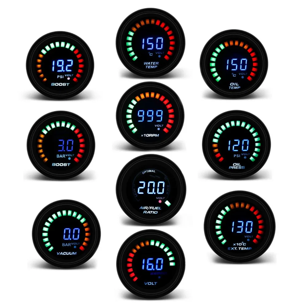 52mm Tachometer Voltmeter Boost Vacuum Air-Fuel Ratio Water Temp Oil Temp Oil Press EGT Gauge Fit for 12V Car