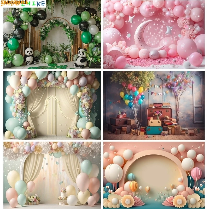 

Baby Room Happy Birthday Photography Backdrops Props Newborn Party Decoration Balloons Arch Floral Theme Photo Background QQ-08