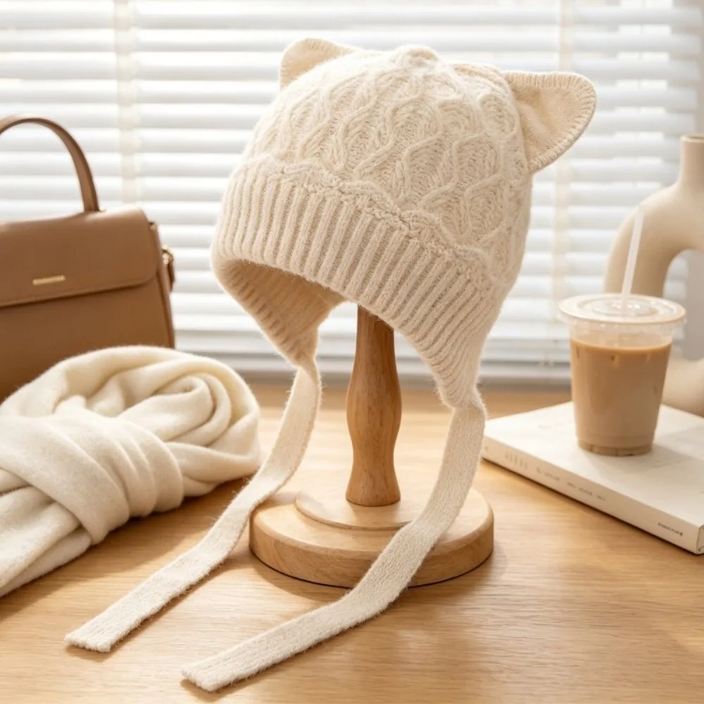 Korean Style Windproof Cat Ear Knit Hat Warm Knitted 3D Cat Ear Soft Beanie Stretchy Fit Skin Friendly Head Cover Outdoor