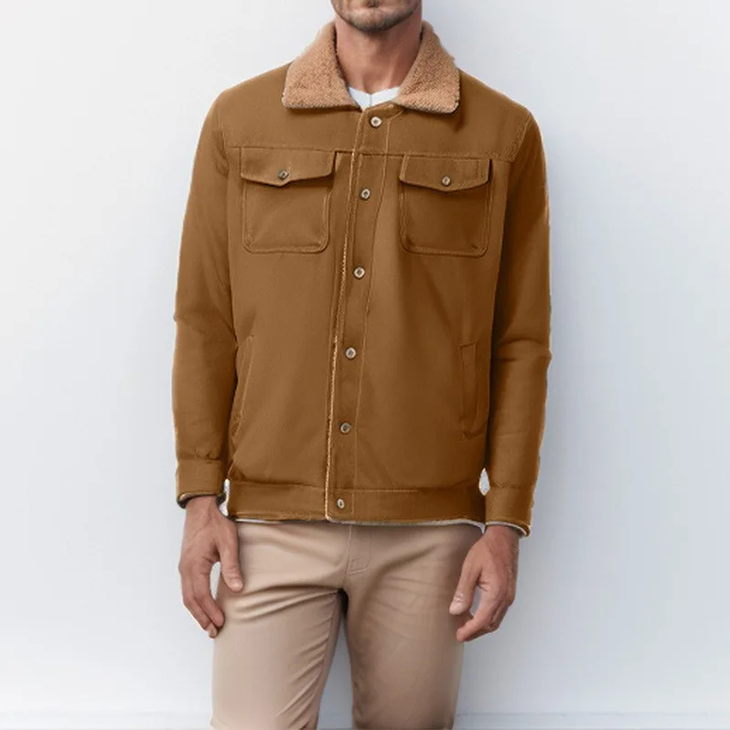 

2025 Autumn Winter New Men Fleece Lined Turn Down Collar Work Jacket Multiple Colors Optional Warm Coat