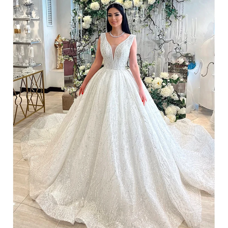 

Luxurious Wedding Dress Organza With Embroidery Beading Ballgown V-Neck Sleeveless Bridedress Customized Button Vestido De Novia