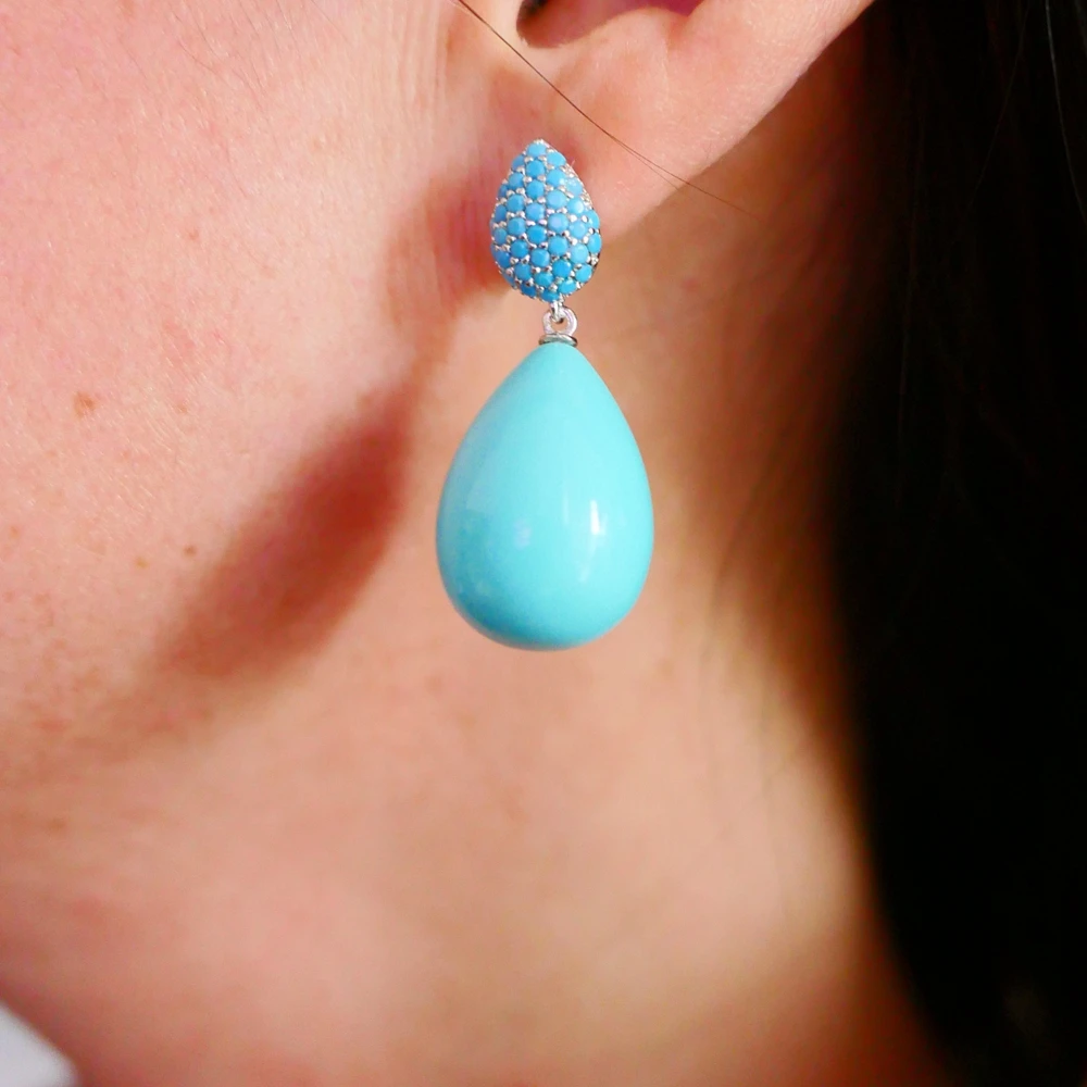 Large Long Pear Water Drop Blue Turquoise Earrings 925 Silver Needle Natural Gemstone Party Jewelry For Women 2022 New Wholesale