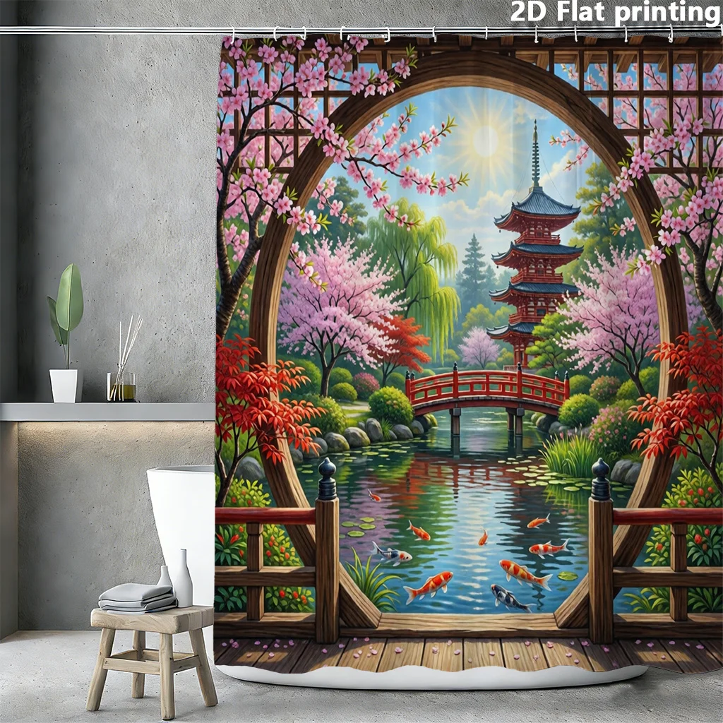 2D Flat, 2D Flat, 1pc, 2D Flat Printing, Japanese Courtyard Cherry Blossom Koi Shower Curtain, Traditional Pavilion Bridge Water
