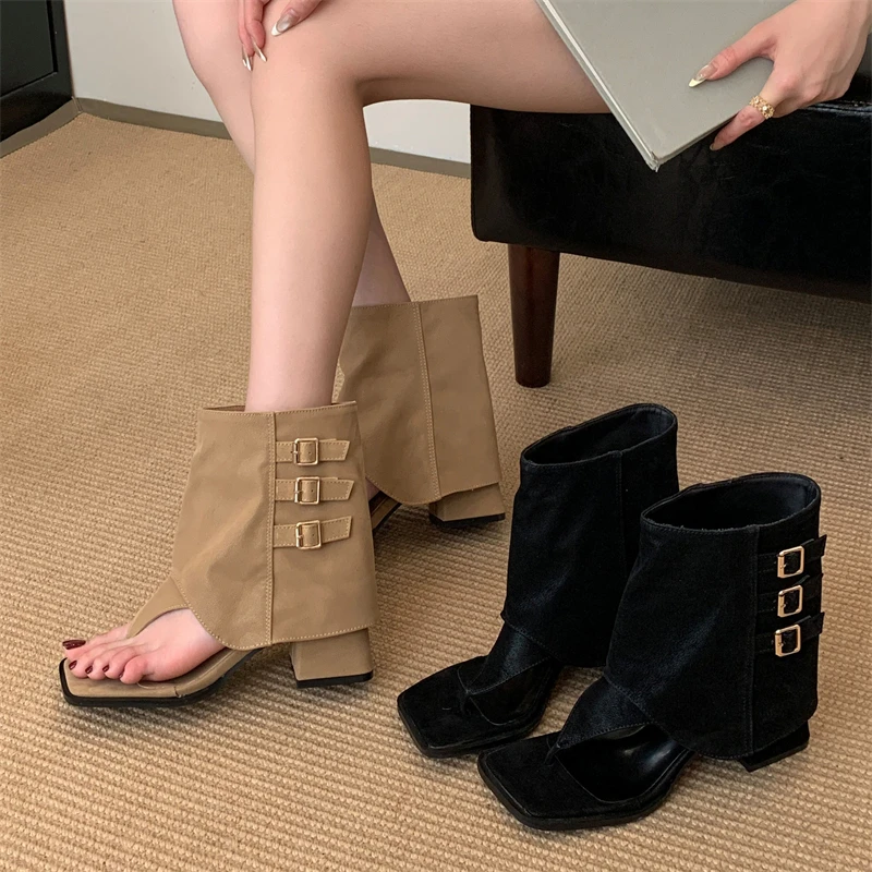 

Aneikeh/весенне-осенние модные женские ботильоны в стиле ретро с открытым носком, крутые ботинки до щиколотки, сандалии на квадратном каблуке с пряжкой и ремешком, женская римская обувь