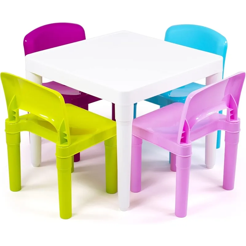 Ensemble de table et chaises pastel en plastique pour enfants, blanc, robuste, léger, construction en plastique moulé, capacité de poids de 50 lb par chaise, 4 pièces