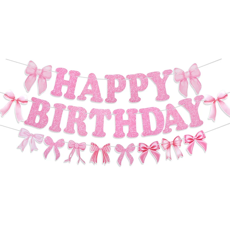 

Pink Bow Birthday Party Paper Banner Garland Latex Balloons Cake Toppers Set Kids Girls Happy Birthday Party Decoration Supplies