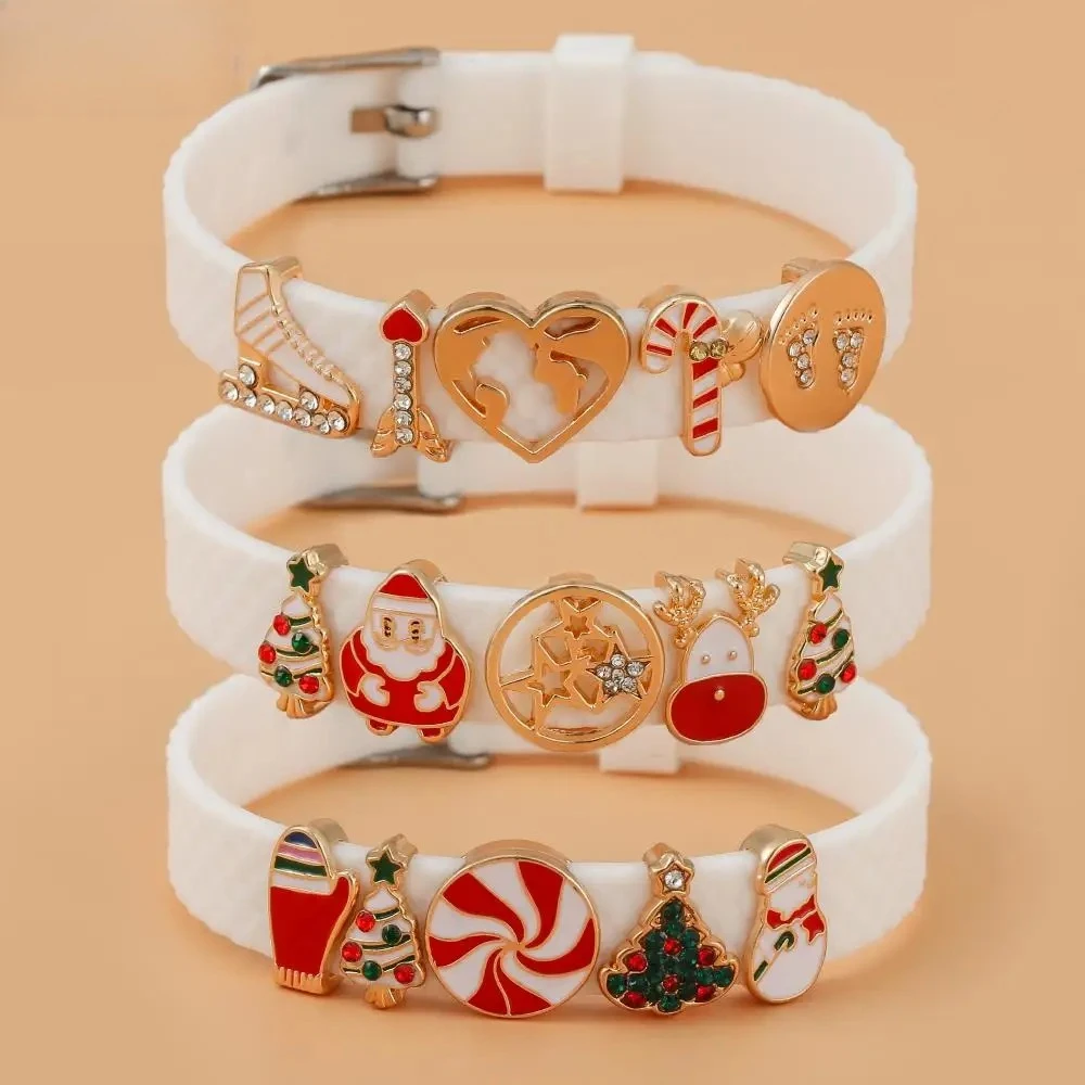 10mm White Silicone Belt Bracelets For Women Girls Christmas Beads Charm Adjustable Bangle Kids New Year Xmas Gifts