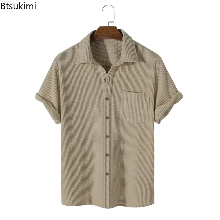 New2025 Summer Waffle Shirt Men's Casual Simple Tops Fashion Retro Solid Short Sleeve Shirt Single-breasted Loose Shirts for Men