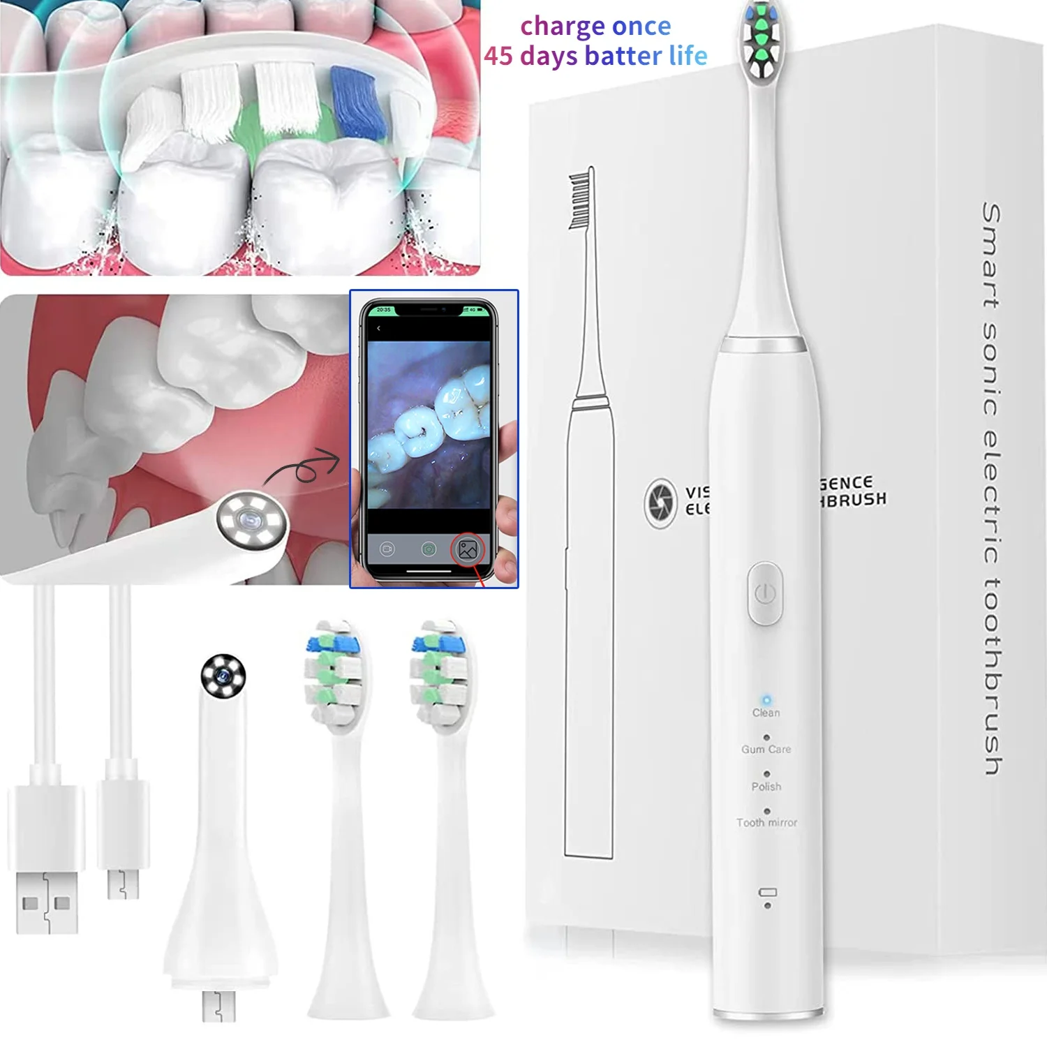 Electric Toothbrush,visual dental mirror  Oscillation Sonic Electric Toothbrush for IPX7 Waterproof Magnetic Rechargeable