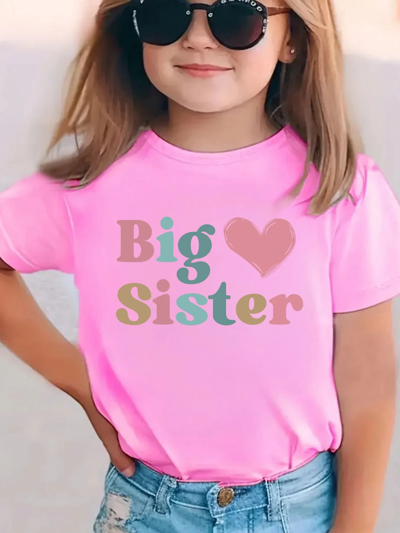 Summer Fashion Children's T-shirt Big Sister Love Cartoon Pattern Printed Casual Parent Child Top Trendy Street Short Sleeve