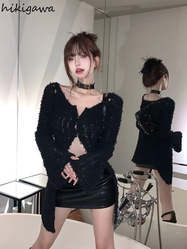 Knitwear Cardigan Women Sueter Mujer O-neck Long Sleeve Tunic Black Y2k Tops Fashion Hollow Out Knit Cropped Sweater Pull Femme