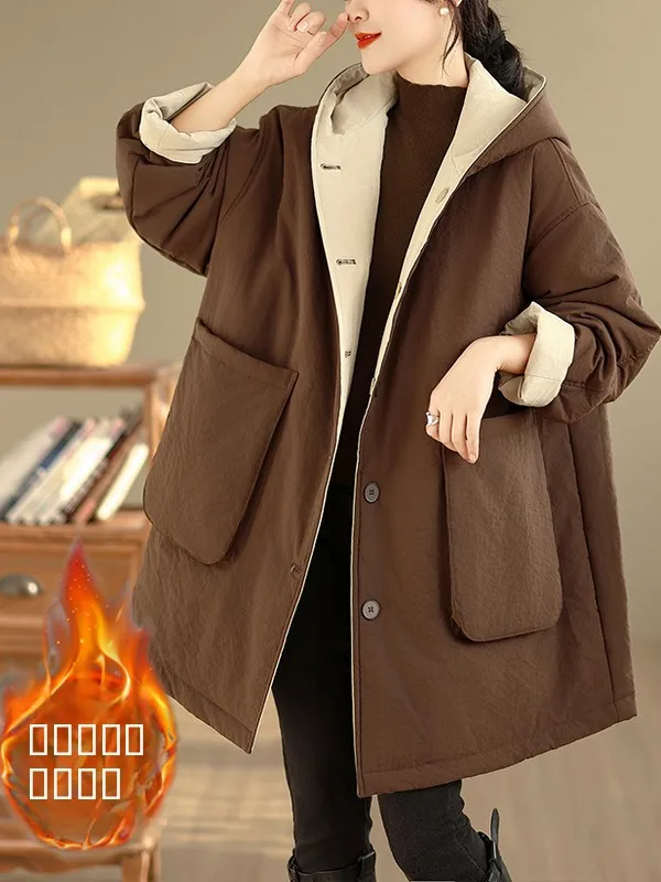 

Свободный крой, повседневное куртка средней длины с капюшоном, брендовое женское зимнее новое утягивающее пальто с хлопковой подкладкой для молодежи