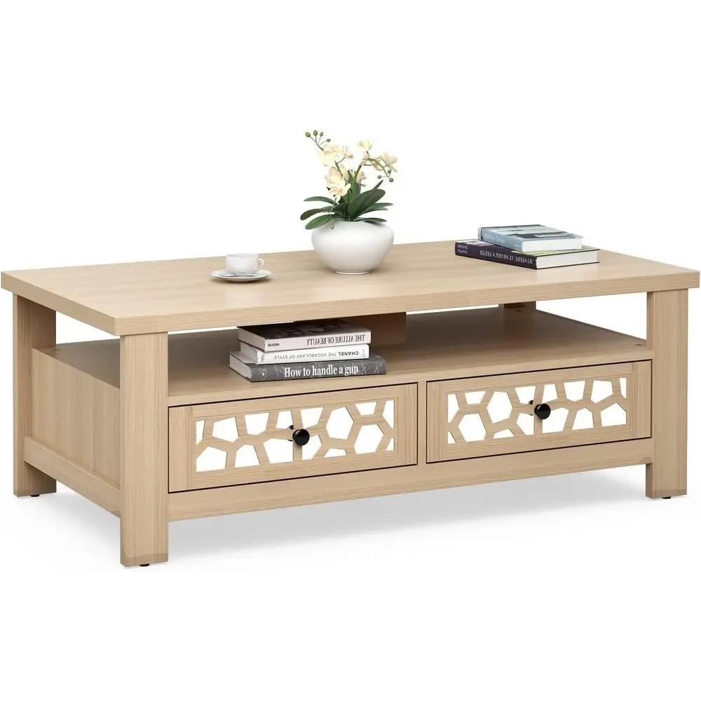

2-Tier Coee Table, 46.5" Recular Center Table w/Acrylic Mirror Design, Wooden Table w/Large Tabletop, Open Shel, 2 Ders & 5 Supp