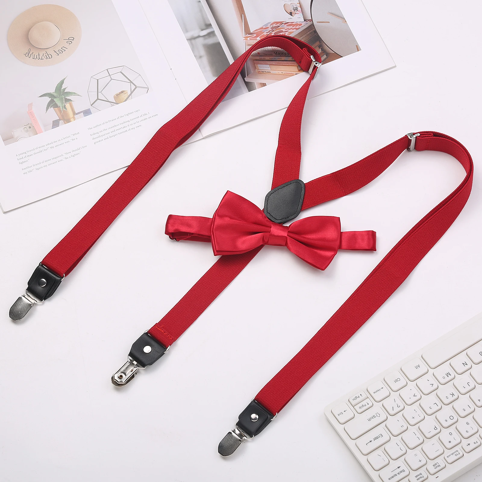 Plain Color Adult Suspenders and Bowtie Set Heavy Duty Clip-On Women Mens Suspenders for Pant Wedding Party Red Black YiA1013