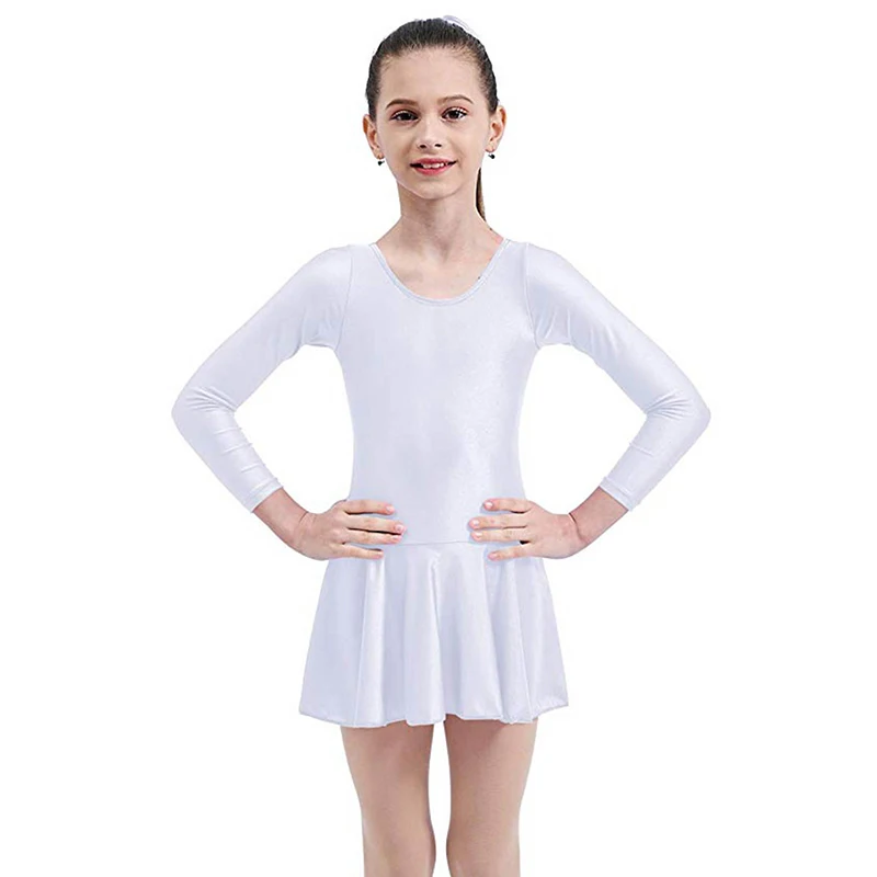 

Kids Pink Long Sleeve Dance Leotard With Skirt For Girl Gymnastics Bodysuit Scoop Neck Spandex Costume Nylon Dance Clothes Child
