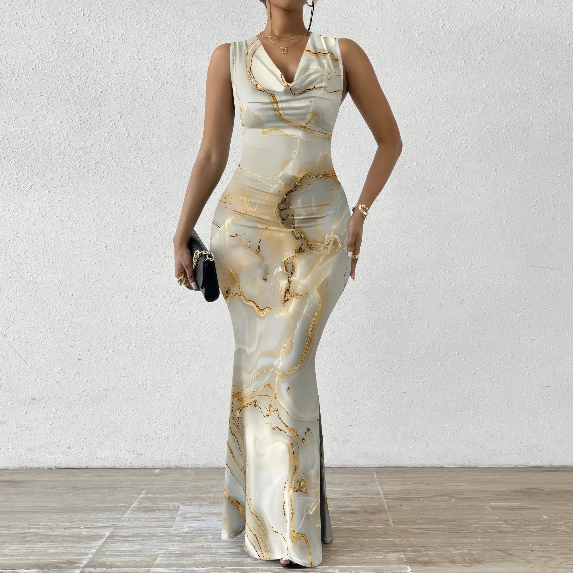 

EQQZD Sleeveless Swing Neck Fishtail Dress for Women, Exquisite & Colorful Marble Pattern Print Bodycon Maxi Dress
