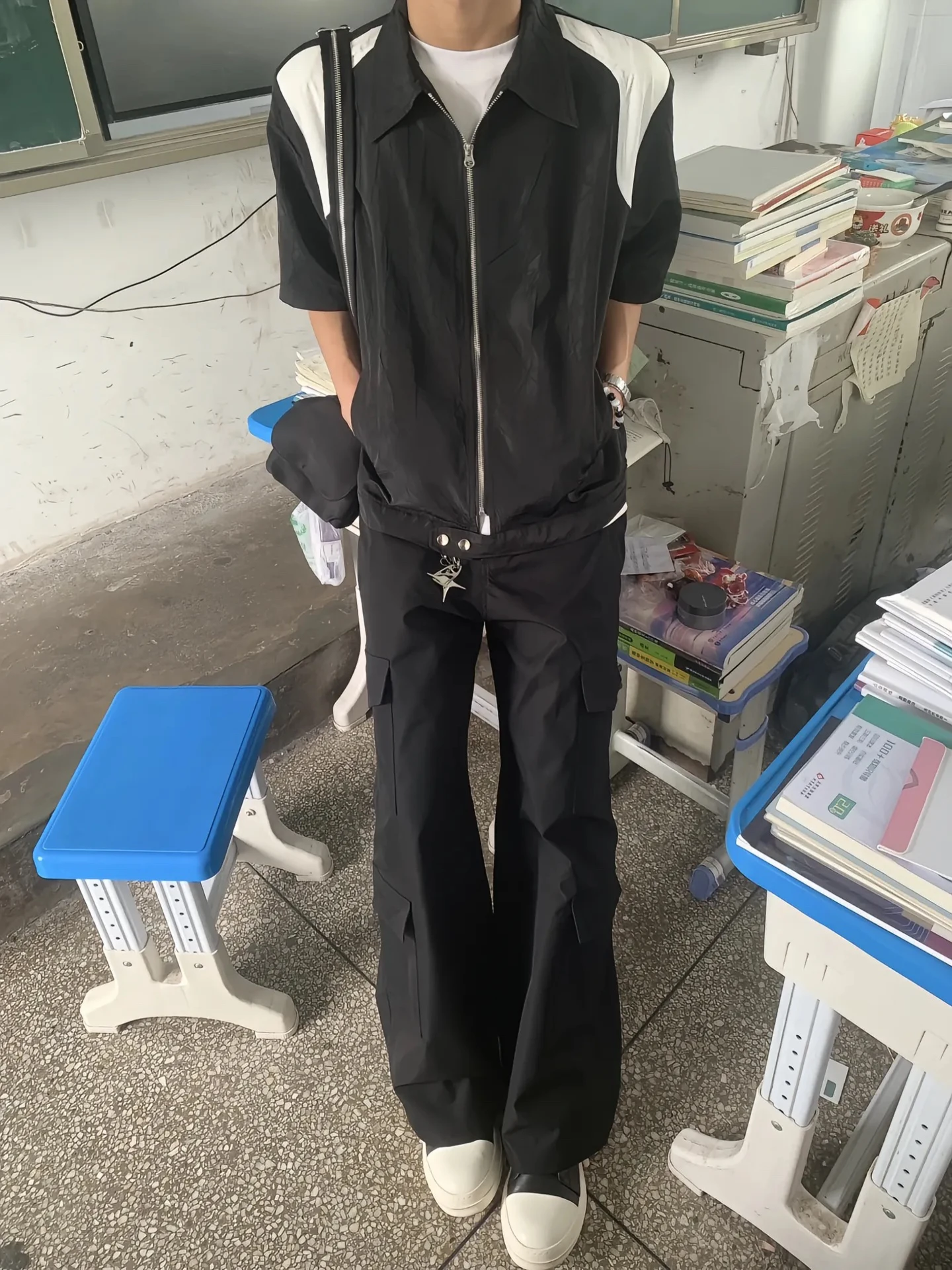 

American Retro Patchwork Color Blo ort Sve Men's Summer Loose Casual Versatile Zipper irt Jaet Lightweight Thin