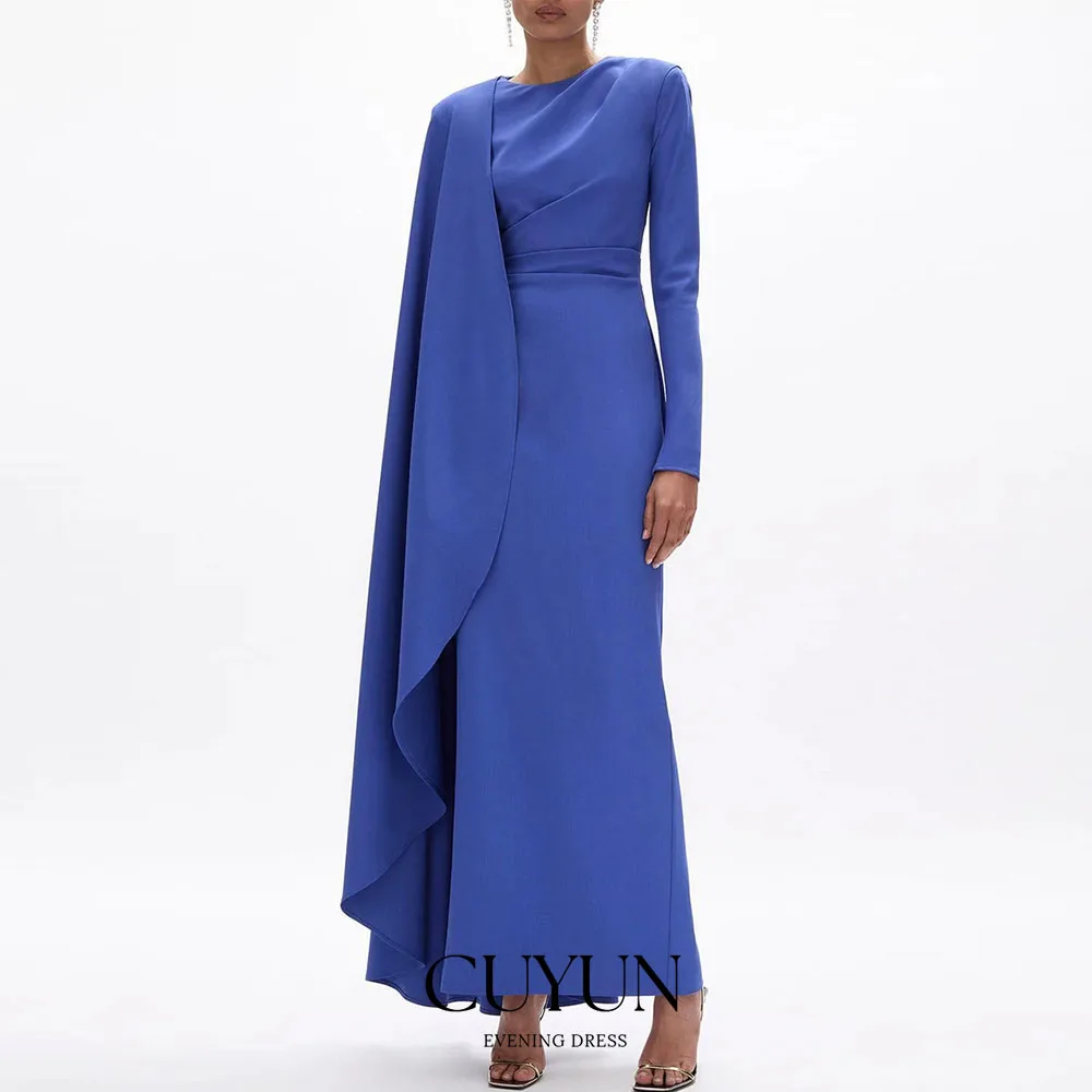 

CUYUN Customized Modern Blue Saudi Evening Dress Crew Neck Long Sleeves Party Dress Formal Floor Length Celebrity Dinner Gown