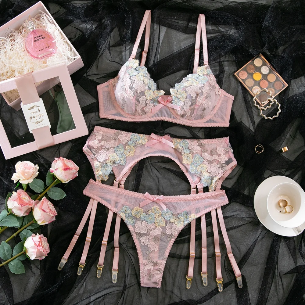 

Krasapt Romantic Bow Floral Embroidery Lingerie 3Pcs Sets Sexy Mesh See-through Bras And Panties Underwear Erotic Intimate Suit